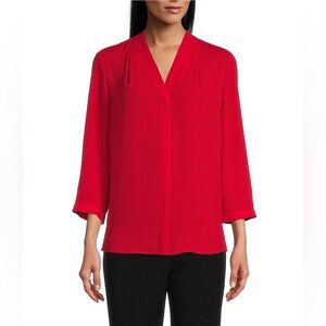 Dina Be- Red Petite Caroline Signature‎ V-Neck 3/4 Sleeve Blouse Size S